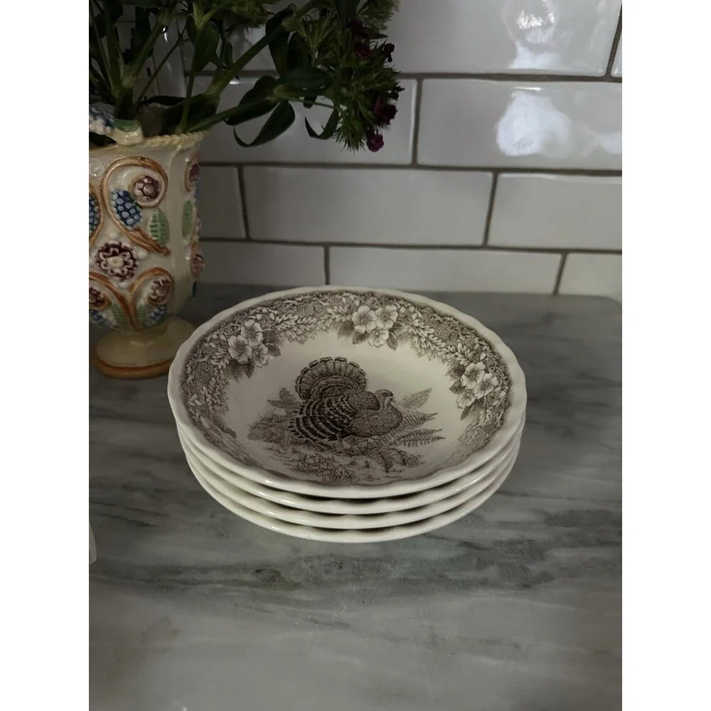 4 Queen’s Myott Thanksgiving Turkey cereal / soup bowls Myott factory Archive